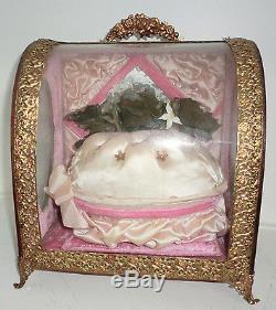 Antique French Bridal Wedding Display Case Glass Wood Pink Filigree Metal Trim