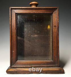 Antique Hand Carved 19th C. Wood & Glass Pocket Watch Display Box Holder Case