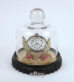 Antique Ladies Pocket Watch Holder Painted Hands Glass Dome Display Case