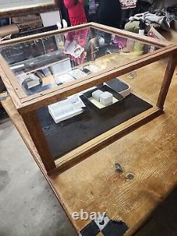 Antique Store Counter Display Case Glass Wood Felt Lined Sliding Glass Doors