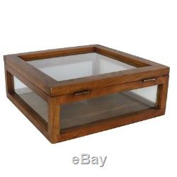 Antique Style Solid Wood Tabletop Display Case Square Glass Hinge Top Classic