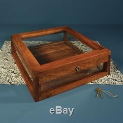 Antique Style Solid Wood Tabletop Display Case Square Glass Hinge Top Classic