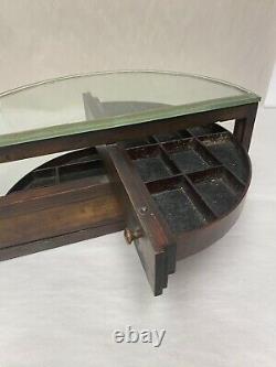Antique Valuables Swing Open Display Case Half Moon Wood Glass Countertop 19thC