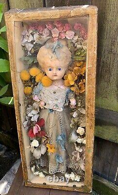 Antique Victorian wax over pumpkin head doll in display case haunted mourning