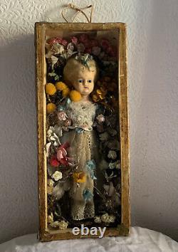 Antique Victorian wax over pumpkin head doll in display case haunted mourning