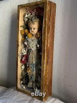 Antique Victorian wax over pumpkin head doll in display case haunted mourning