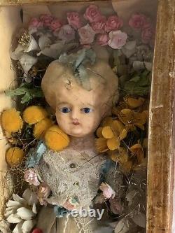 Antique Victorian wax over pumpkin head doll in display case haunted mourning