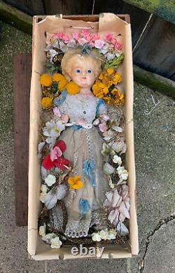 Antique Victorian wax over pumpkin head doll in display case haunted mourning