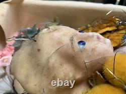 Antique Victorian wax over pumpkin head doll in display case haunted mourning
