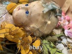 Antique Victorian wax over pumpkin head doll in display case haunted mourning
