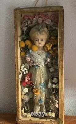 Antique Victorian wax over pumpkin head doll in display case haunted mourning