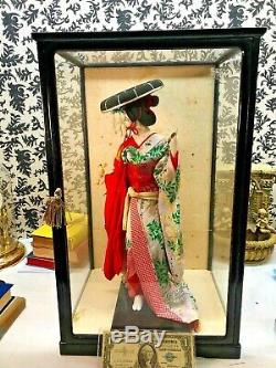 Antique Vintage Japanese Geisha figure w silk clothes in wooden display case