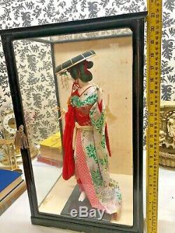 Antique Vintage Japanese Geisha figure w silk clothes in wooden display case