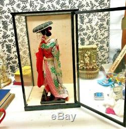 Antique Vintage Japanese Geisha figure w silk clothes in wooden display case