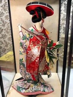 Antique Vintage Japanese Geisha figure w silk clothes in wooden display case