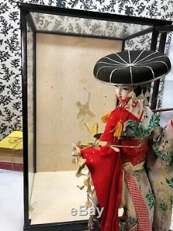 Antique Vintage Japanese Geisha figure w silk clothes in wooden display case