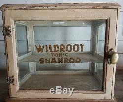 Antique WILDROOT TONIC SHAMPOO Wood & Glass Barber Shop, Store Display Cabinet