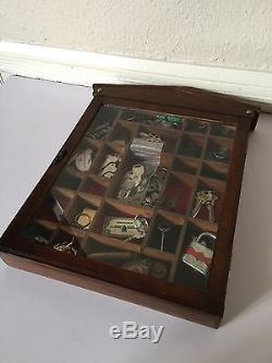 Antique Wood Glass Curio Full Of Keys Display Case Cabinet Lots Of Compartments