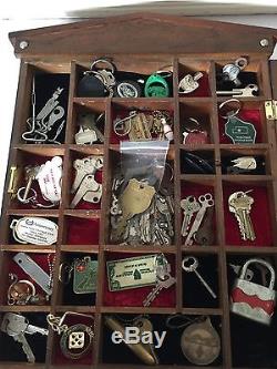 Antique Wood Glass Curio Full Of Keys Display Case Cabinet Lots Of Compartments
