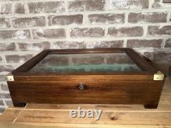 Antique Wooden Display Case Hing Glass Lid Green Felt Showcase Shadow Curio Box