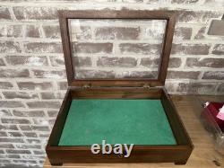 Antique Wooden Display Case Hing Glass Lid Green Felt Showcase Shadow Curio Box