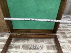 Antique Wooden Display Case Hing Glass Lid Green Felt Showcase Shadow Curio Box