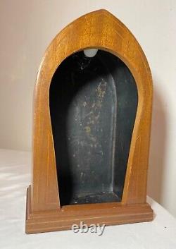 Antique handmade marquetry wood leather saint sculpture stand display case box