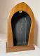 Antique Handmade Marquetry Wood Leather Saint Sculpture Stand Display Case Box