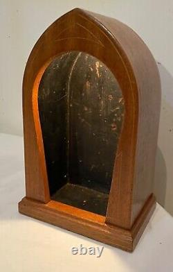 Antique handmade marquetry wood leather saint sculpture stand display case box