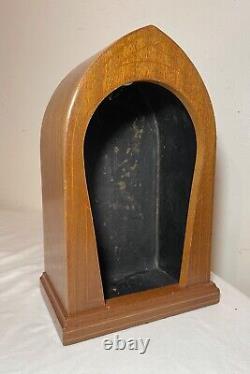 Antique handmade marquetry wood leather saint sculpture stand display case box