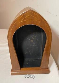 Antique handmade marquetry wood leather saint sculpture stand display case box