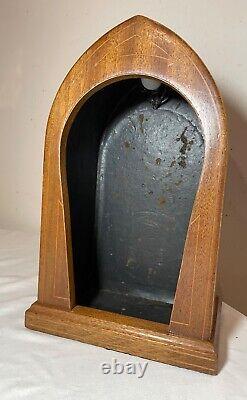 Antique handmade marquetry wood leather saint sculpture stand display case box