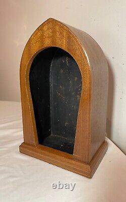 Antique handmade marquetry wood leather saint sculpture stand display case box