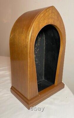 Antique handmade marquetry wood leather saint sculpture stand display case box