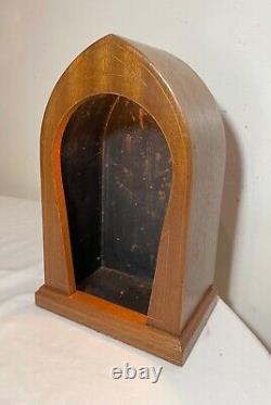 Antique handmade marquetry wood leather saint sculpture stand display case box