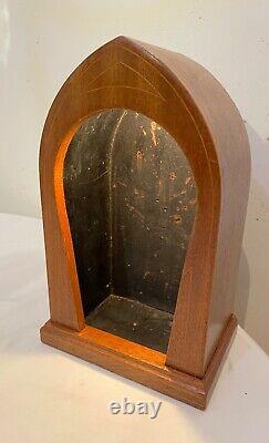 Antique handmade marquetry wood leather saint sculpture stand display case box