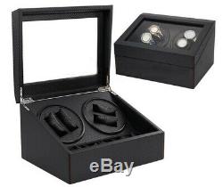 Automatic Dual Watch Winder Ebony Quad Piano Wood Rotation Display Box 4+6 Case