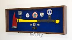 Axe Display Case Walnut & Blue Wood Firefighter Fireman Badge Cabinet Shadow Box
