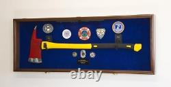 Axe Display Case Walnut & Blue Wood Firefighter Fireman Badge Cabinet Shadow Box