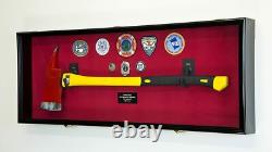 Axe Display Case Walnut & Blue Wood Firefighter Fireman Badge Cabinet Shadow Box