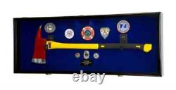 Axe Display Case Walnut & Blue Wood Firefighter Fireman Badge Cabinet Shadow Box