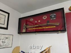 Axe Display Case Walnut & Blue Wood Firefighter Fireman Badge Cabinet Shadow Box