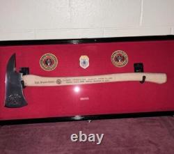 Axe Display Case Walnut & Blue Wood Firefighter Fireman Badge Cabinet Shadow Box