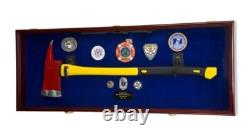 Axe Display Case Walnut & Blue Wood Firefighter Fireman Badge Cabinet Shadow Box