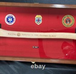 Axe Display Case Walnut & Blue Wood Firefighter Fireman Badge Cabinet Shadow Box