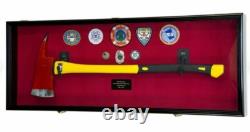 Axe Display Case Walnut & Blue Wood Firefighter Fireman Badge Cabinet Shadow Box
