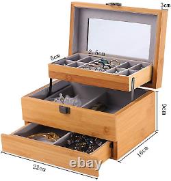 Bamboo Jewelry Box Organizer for women Watch 3 Layers Storage Display Case Gifts