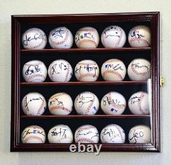 Baseball Display Case 20 Cherry Wood Ball Holder Wall Rack Cabinet Shadow Box