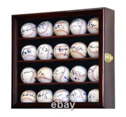 Baseball Display Case 20 Cherry Wood Ball Holder Wall Rack Cabinet Shadow Box