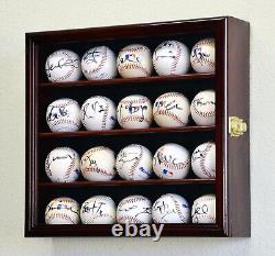 Baseball Display Case 20 Cherry Wood Ball Holder Wall Rack Cabinet Shadow Box